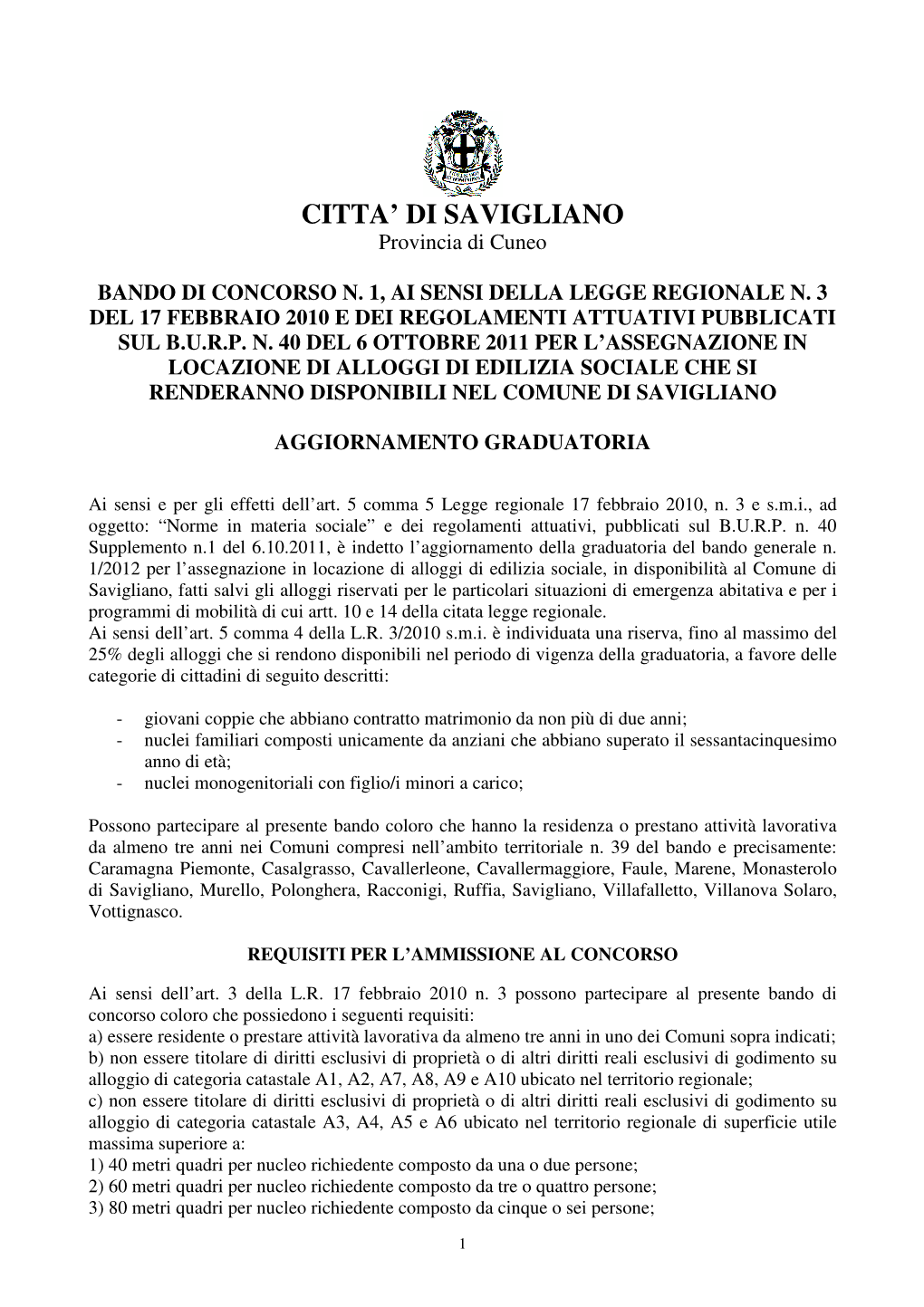 Bando Aggiornamento Savigliano 2015