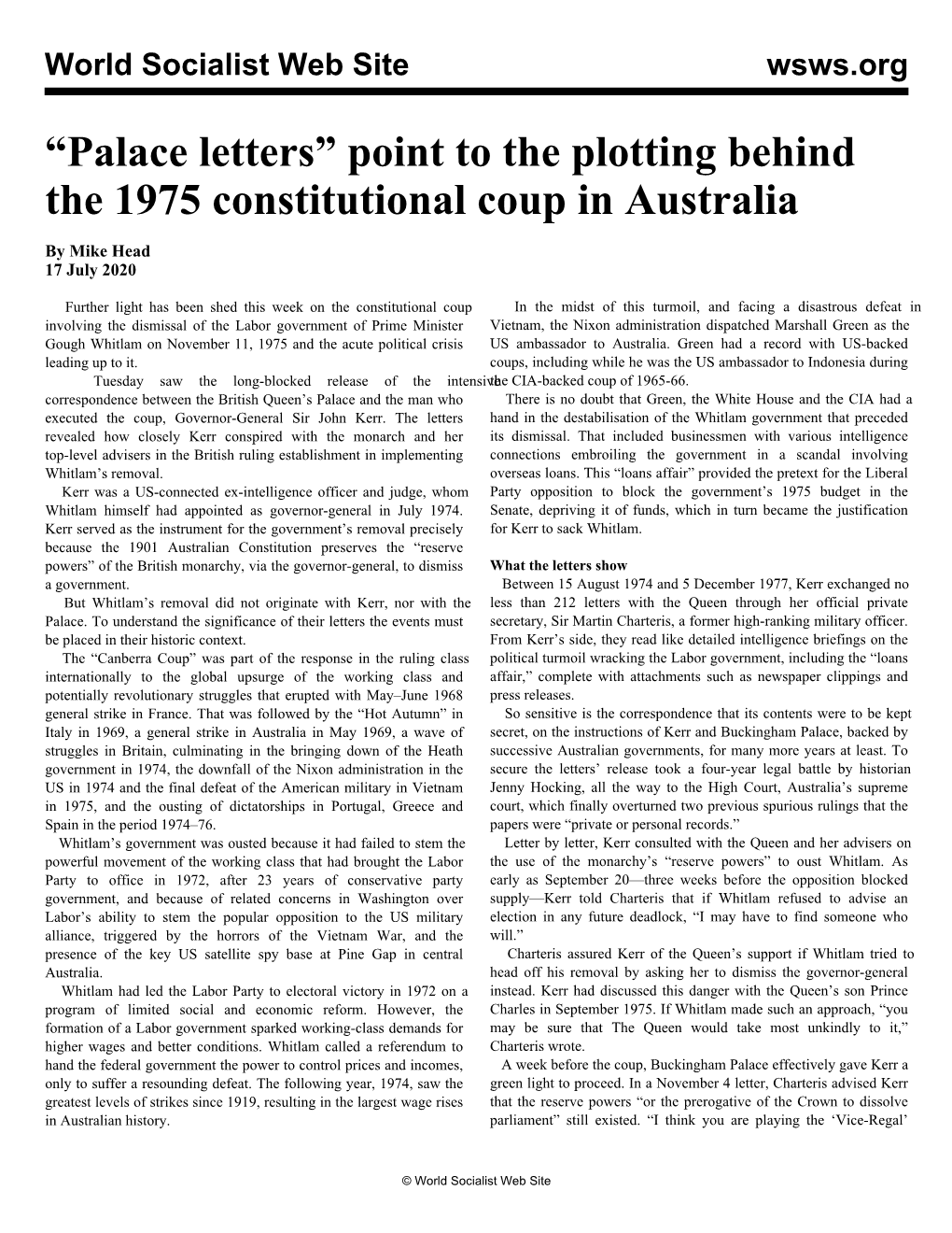 “Palace Letters” Point to the Plotting Behind the 1975 Constitutional Coup in Australia