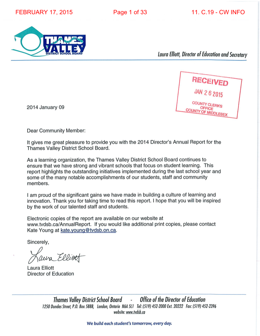 Letter from the Thames Valley District School Board Enclosing a Copy of the 2014 Director's Annual