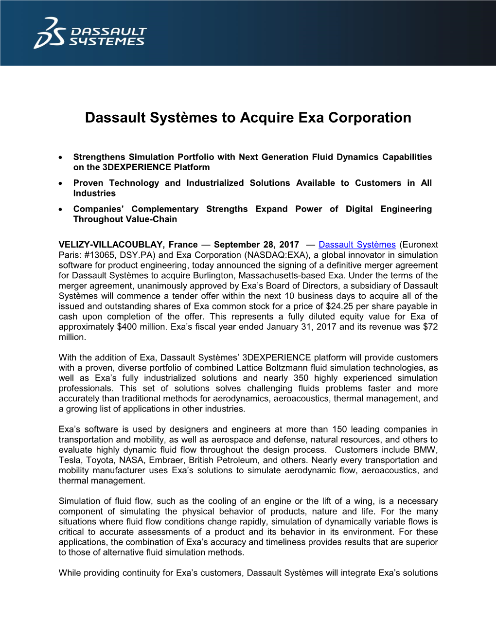Dassault Systèmes to Acquire Exa Corporation