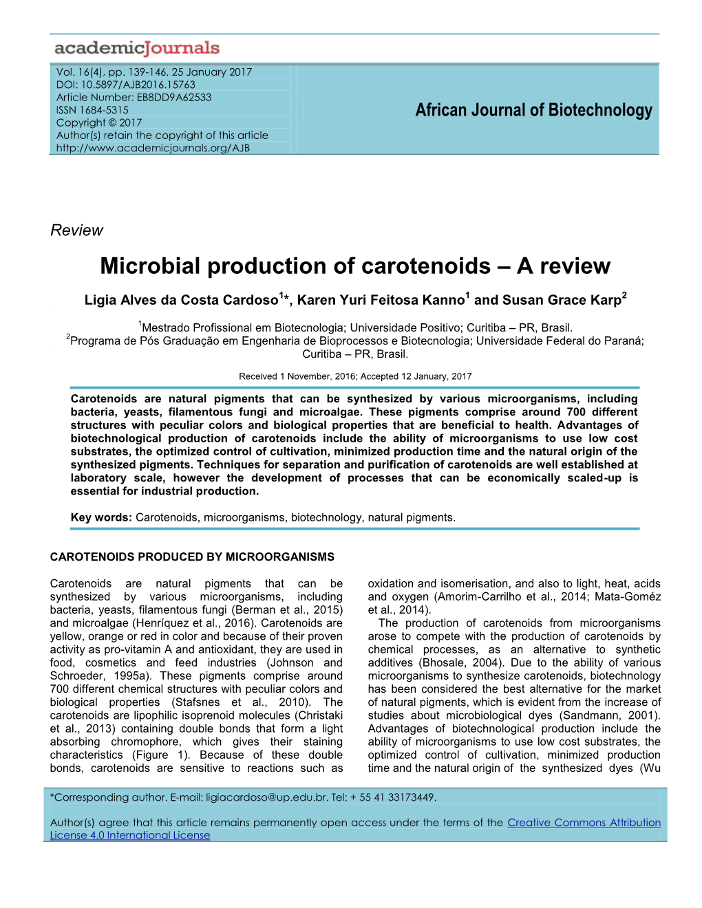 Microbial Production of Carotenoids – a Review