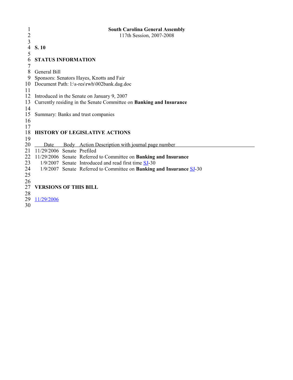 2007-2008 Bill 10: Banks and Trust Companies - South Carolina Legislature Online