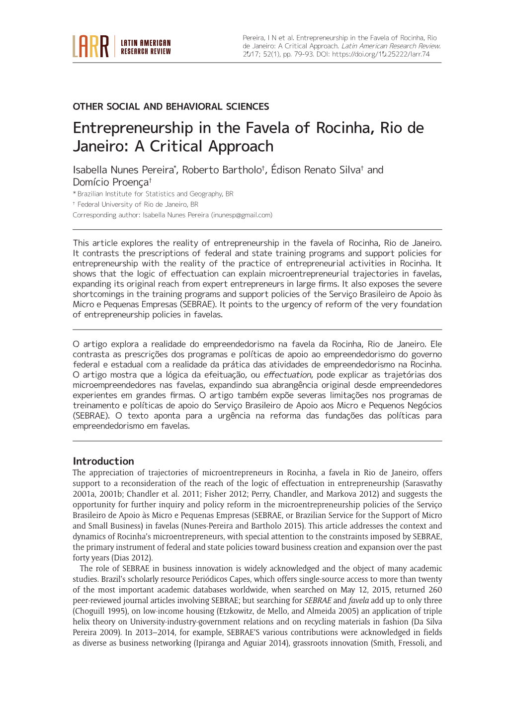 Entrepreneurship in the Favela of Rocinha, Rio De Janeiro: a Critical Approach