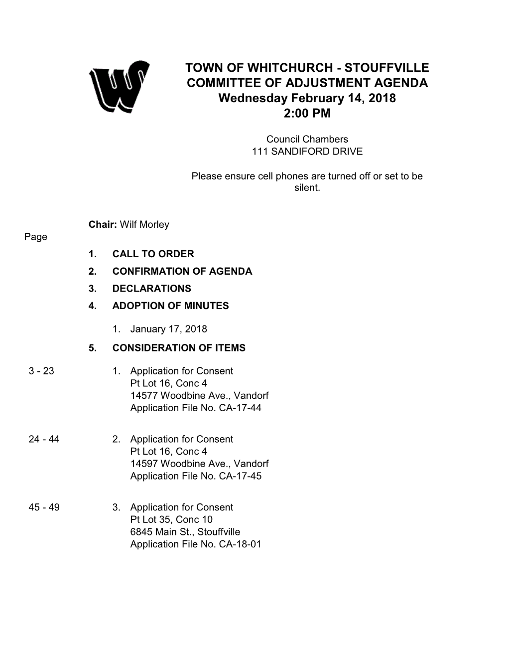 COMMITTEE of ADJUSTMENT AGENDA Wednesday February 14, 2018 2:00 PM