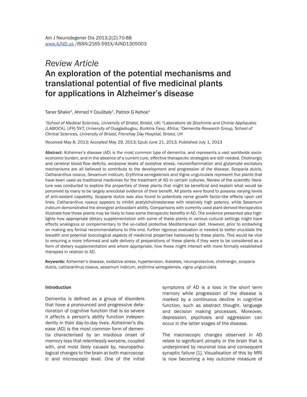 Review Article an Exploration of the Potential Mechanisms and Translational Potential of Five Medicinal Plants for Applications in Alzheimer’S Disease