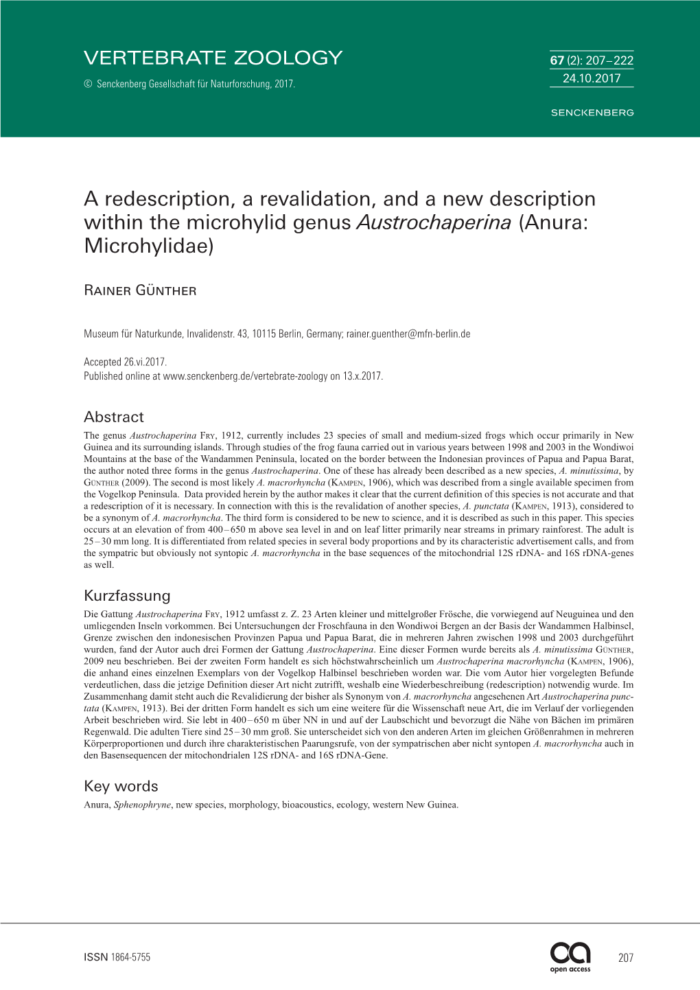 A Redescription, a Revalidation, and a New Description Within the Microhylid Genus Austrochaperina (Anura: Microhylidae)