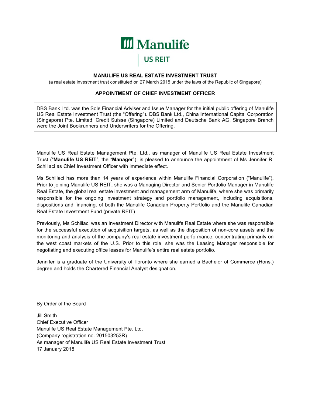 MANULIFE US REAL ESTATE INVESTMENT TRUST (A Real Estate Investment Trust Constituted on 27 March 2015 Under the Laws of the Republic of Singapore)