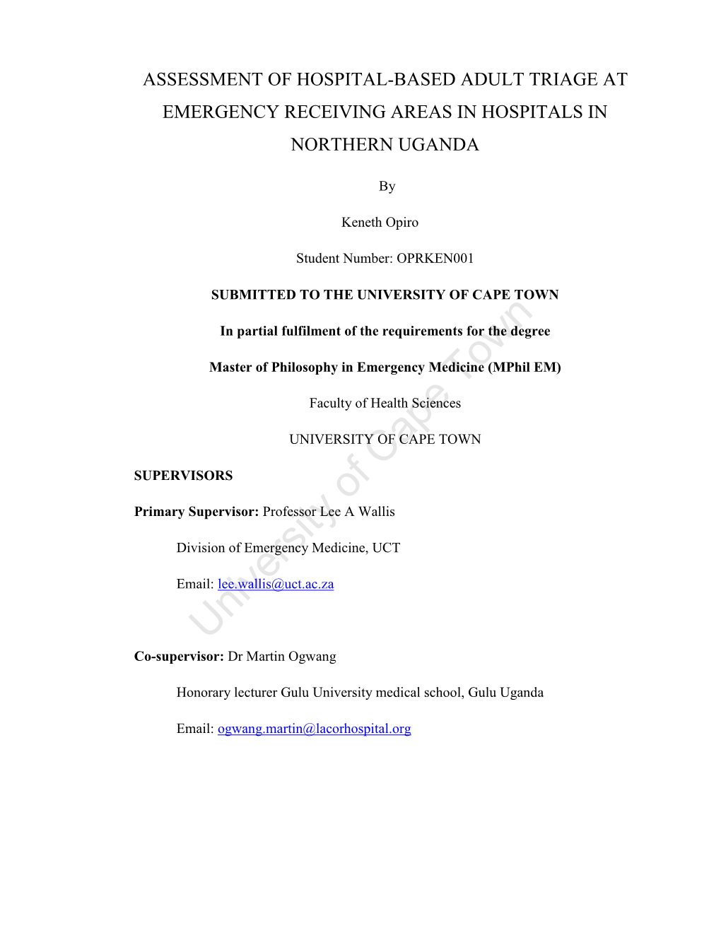 Assessment of Hospital-Based Adult Triage at Emergency Receiving Areas in Hospitals in Northern Uganda