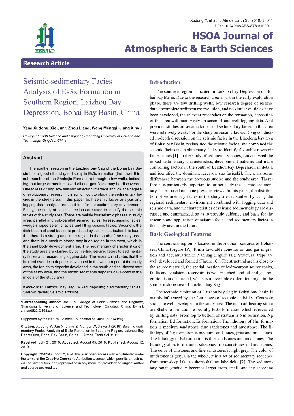 Seismic-Sedimentary Facies Analysis of Es3x Formation in Southern Region, Laizhou Bay Depression, Bohai Bay Basin, China