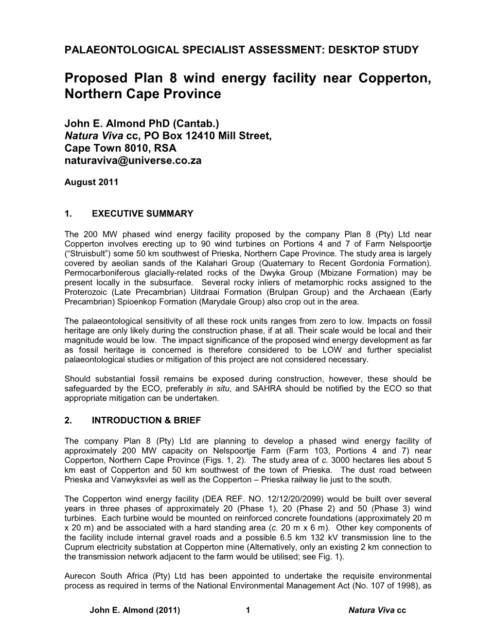 Proposed Plan 8 Wind Energy Facility Near Copperton, Northern Cape Province