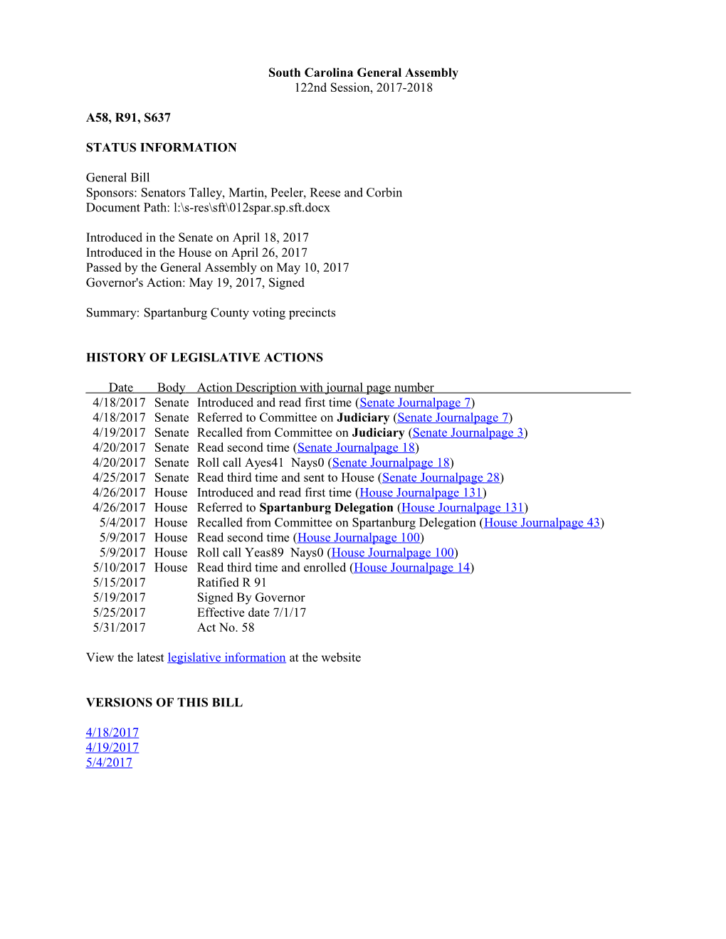 2017-2018 Bill 637: Spartanburg County Voting Precincts - South Carolina Legislature Online