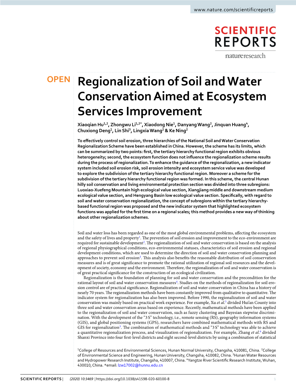Regionalization of Soil and Water Conservation Aimed at Ecosystem