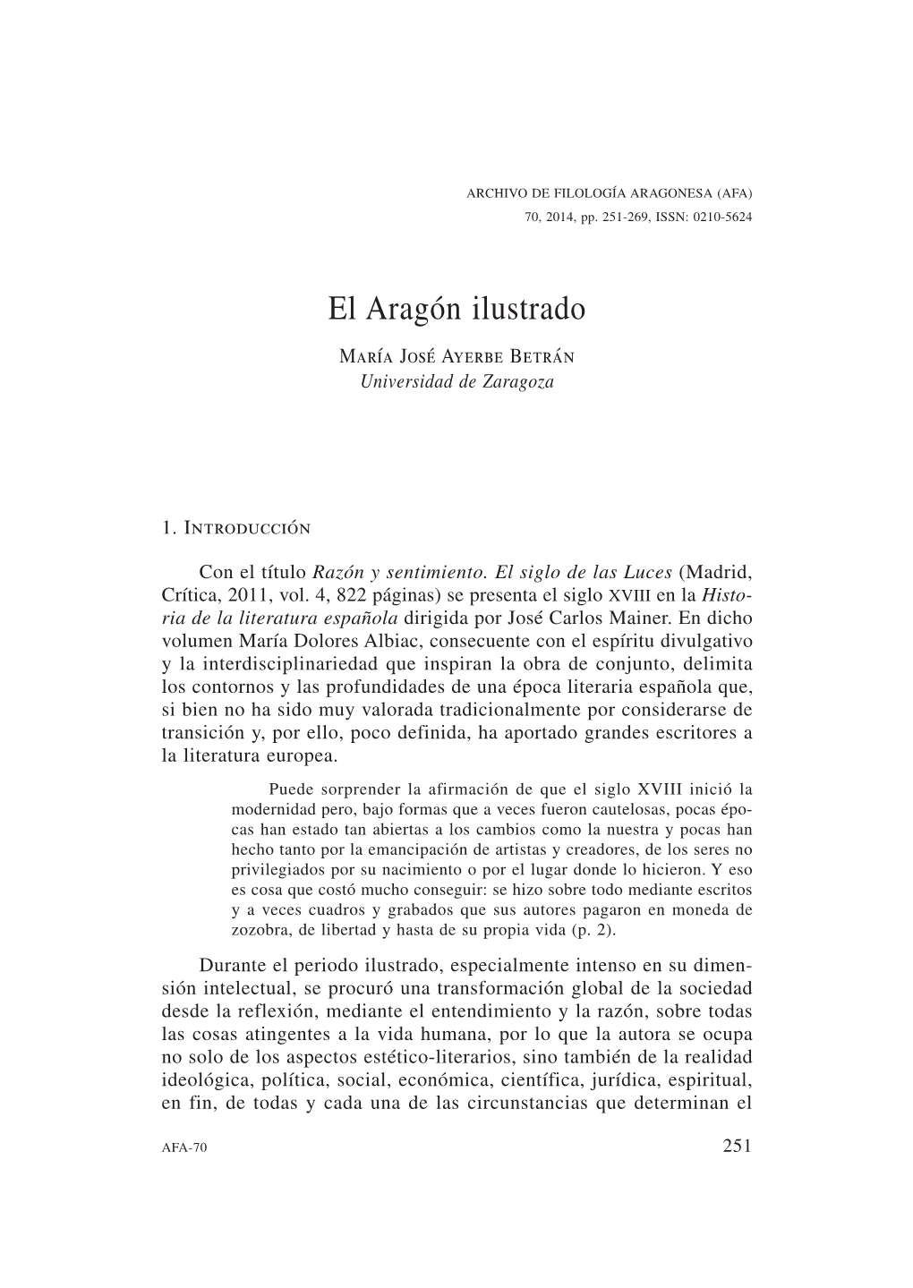 El Aragón Ilustrado María José Ayerbe Betrán Universidad De Zaragoza