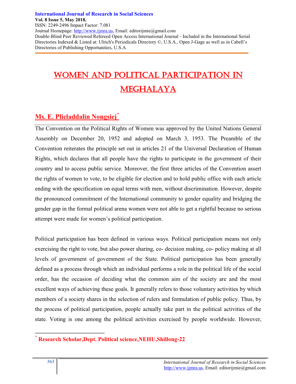 Women and Political Participation in Meghalaya