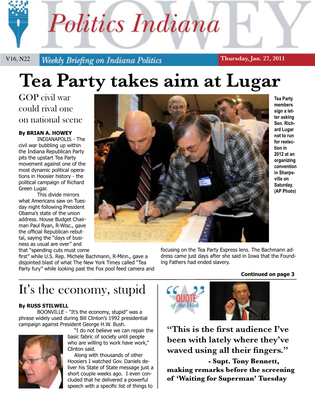 Tea Party Takes Aim at Lugar GOP Civil War Tea Party Members Could Rival One Sign a Let- Ter Asking on National Scene Sen