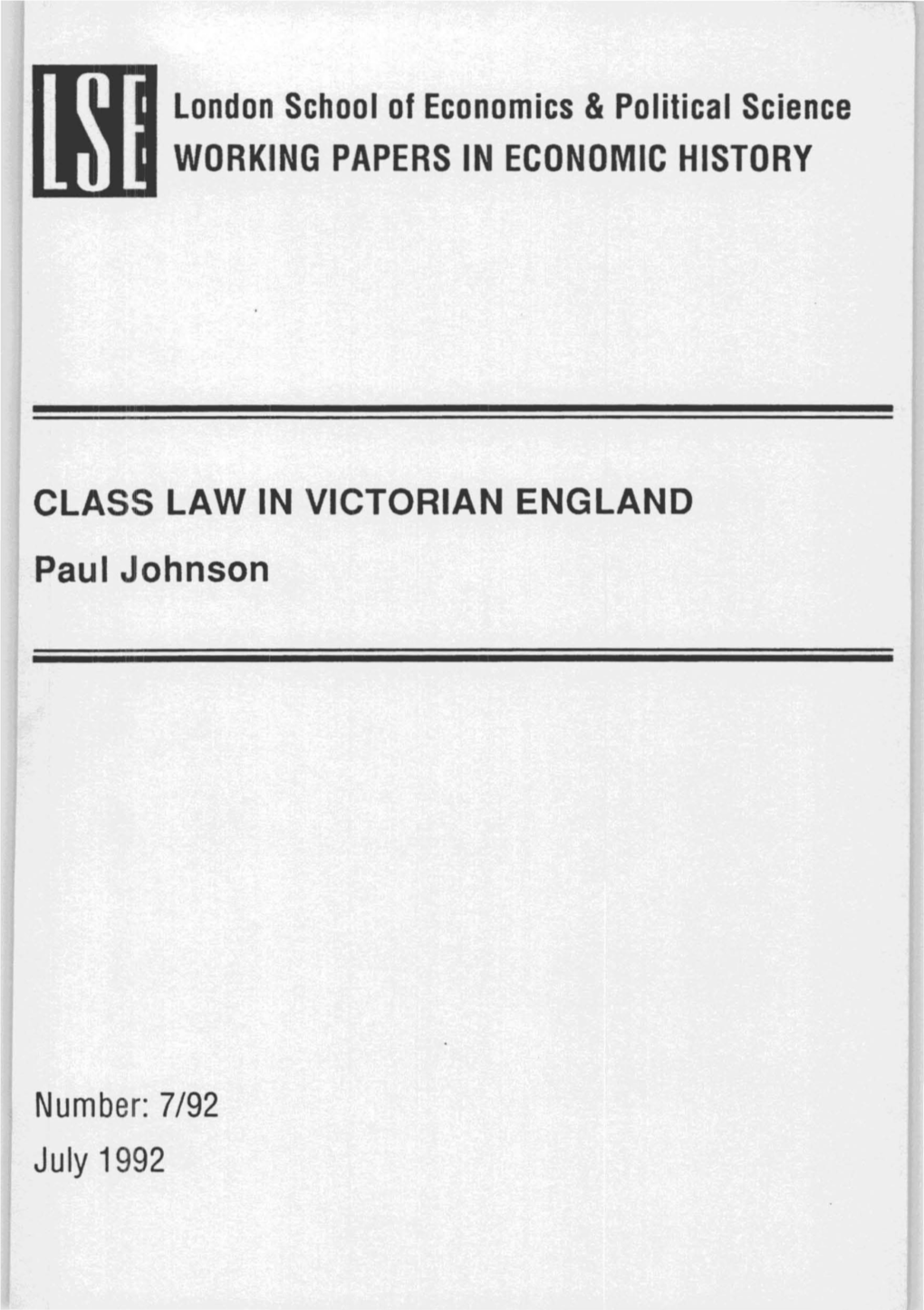 CLASS LAW in VICTORIAN ENGLAND Pauljohnson