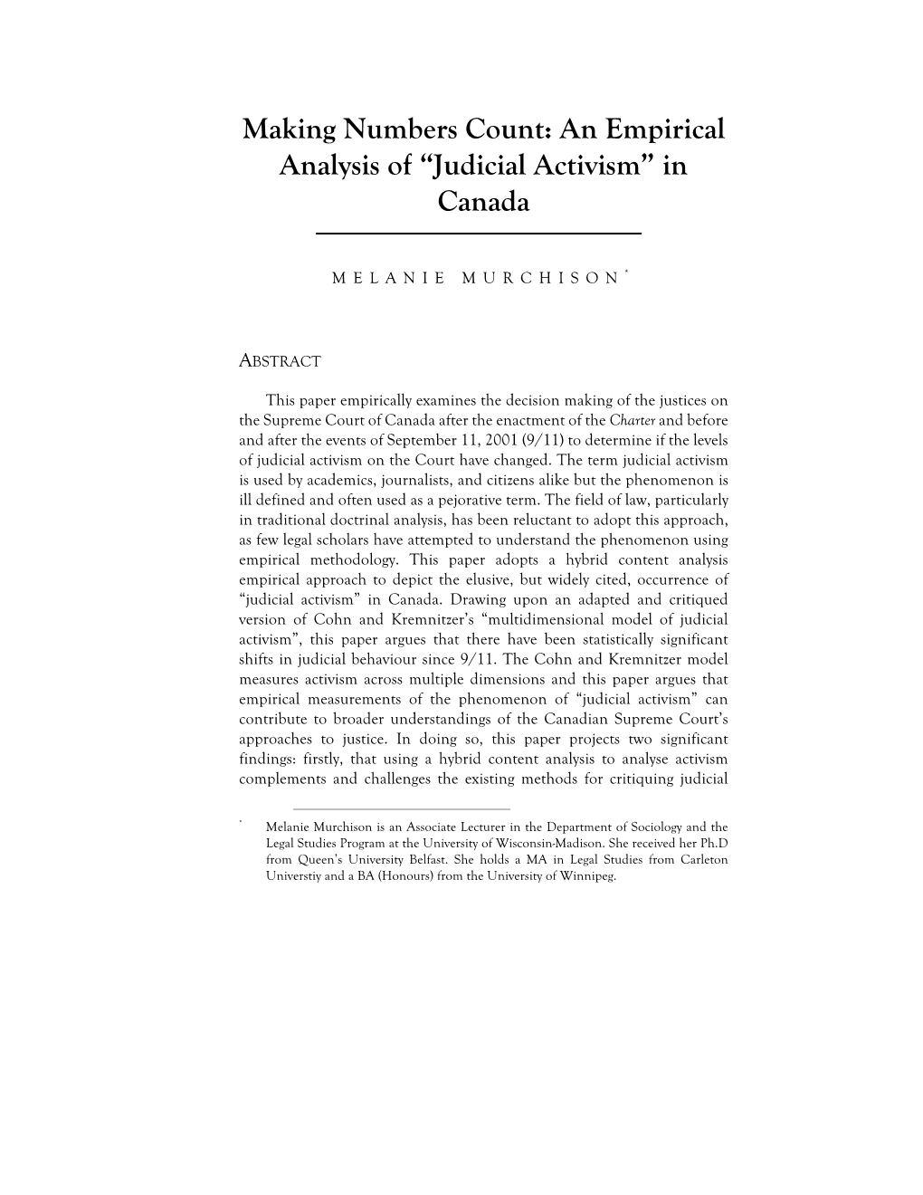 Making Numbers Count: an Empirical Analysis of “Judicial Activism” in Canada