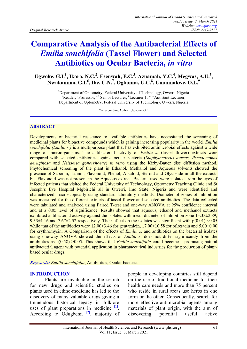 Comparative Analysis of the Antibacterial Effects of Emilia Sonchifolia (Tassel Flower) and Selected Antibiotics on Ocular Bacteria, in Vitro