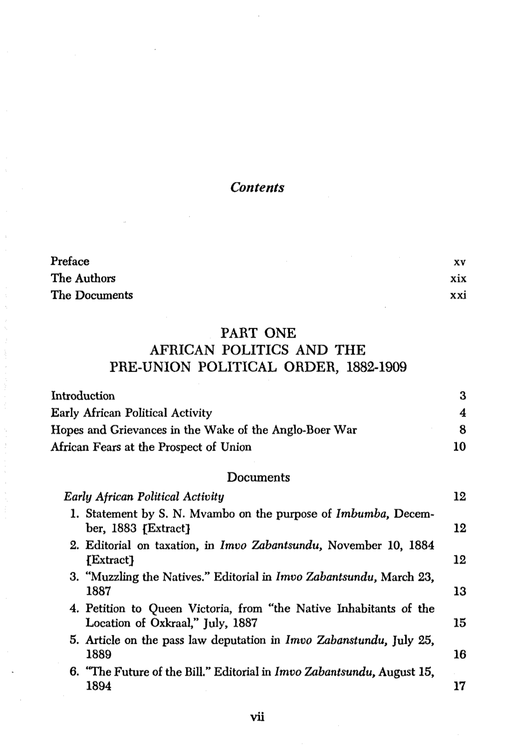 Contents PART ONE AFRICAN POLITICS and the PRE-UNION