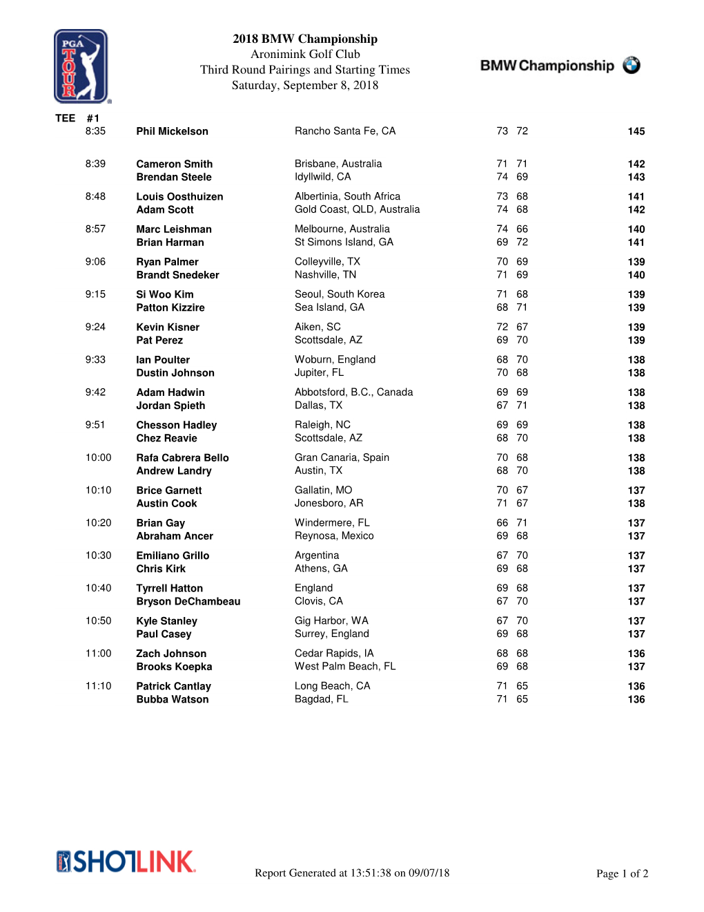 2018 BMW Championship Aronimink Golf Club Third Round Pairings and Starting Times Saturday, September 8, 2018