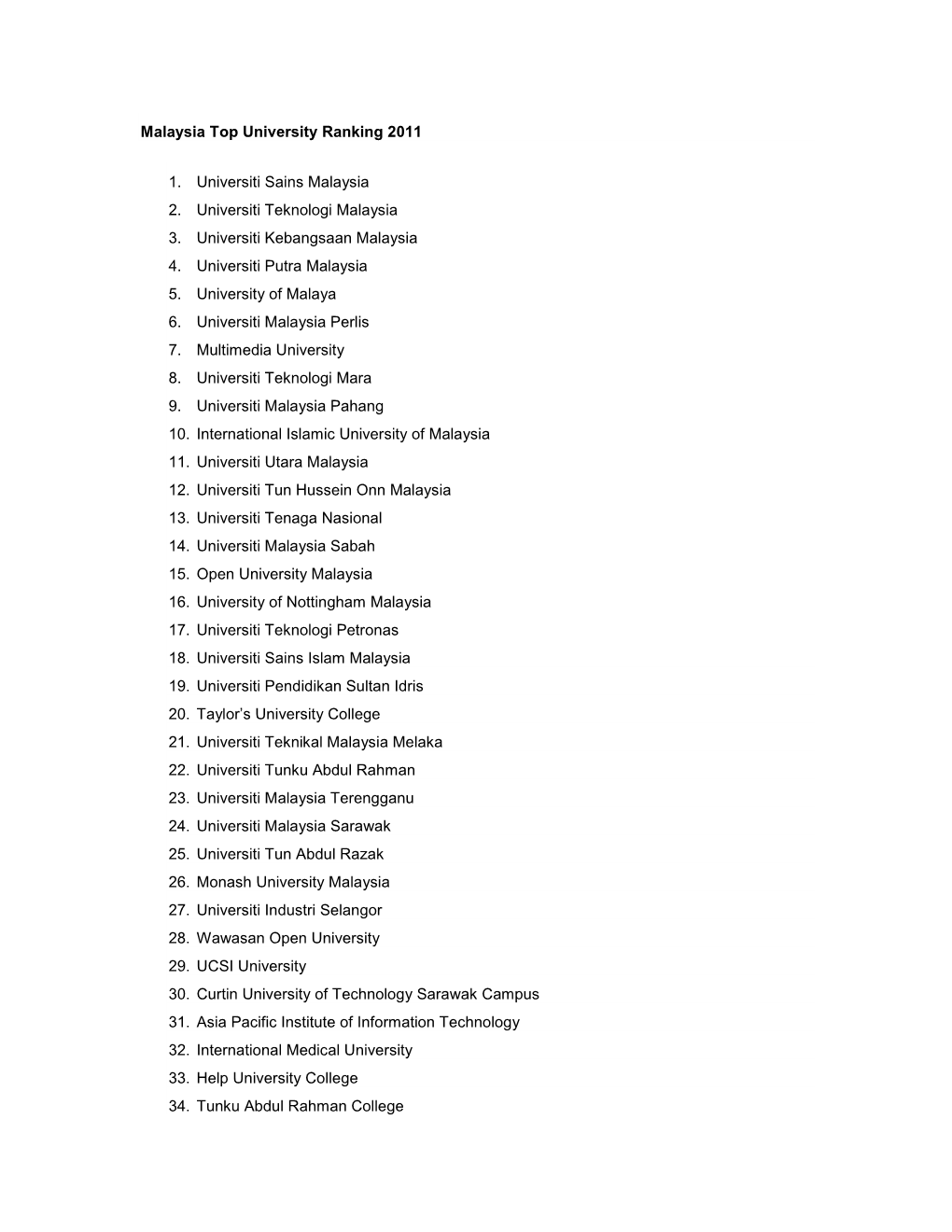 Malaysia Top University Ranking 2011 1. Universiti Sains Malaysia 2