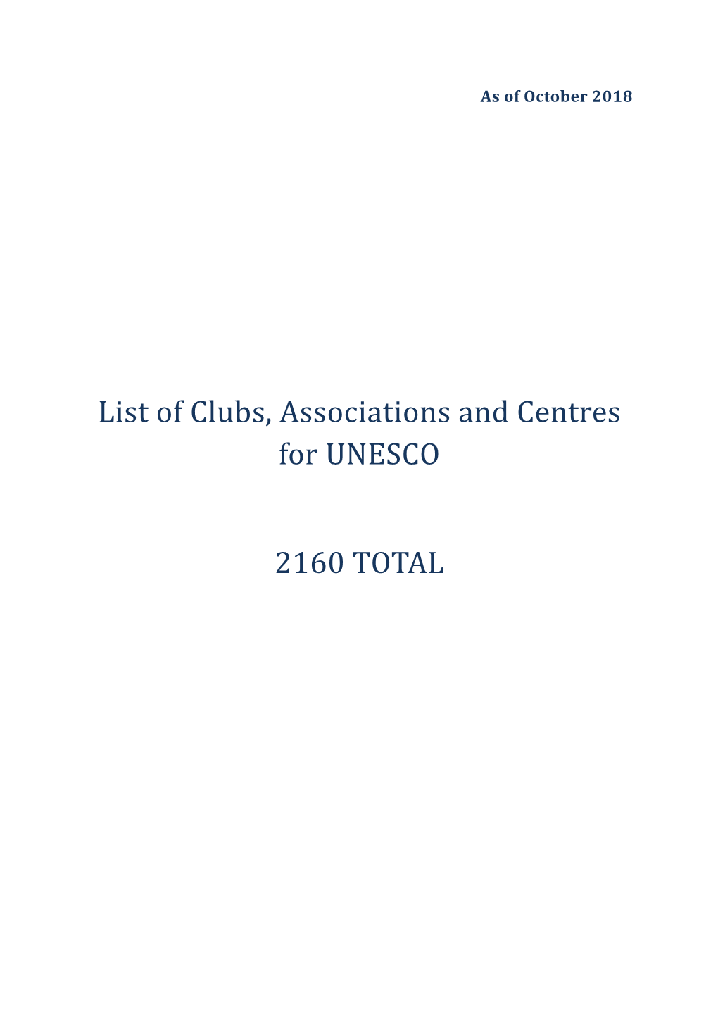 List of Clubs, Associations and Centres for UNESCO 2160 TOTAL