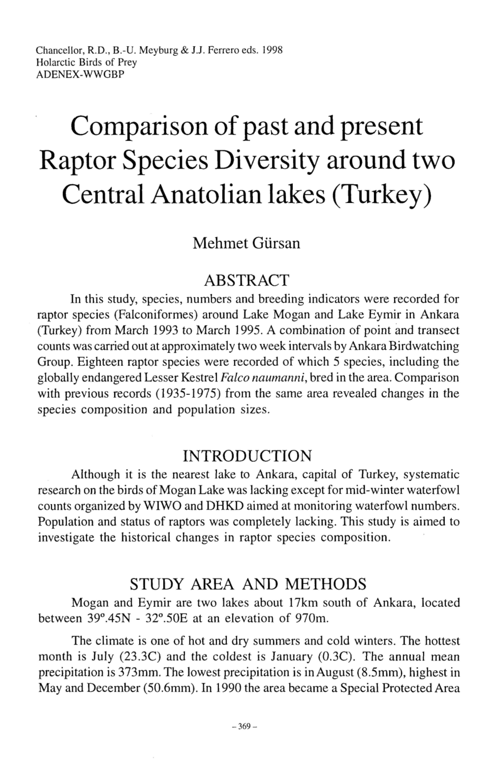 Comparison of Past and Present Raptor Species Diversity Around Two Central Anatolian Lakes (Turkey)
