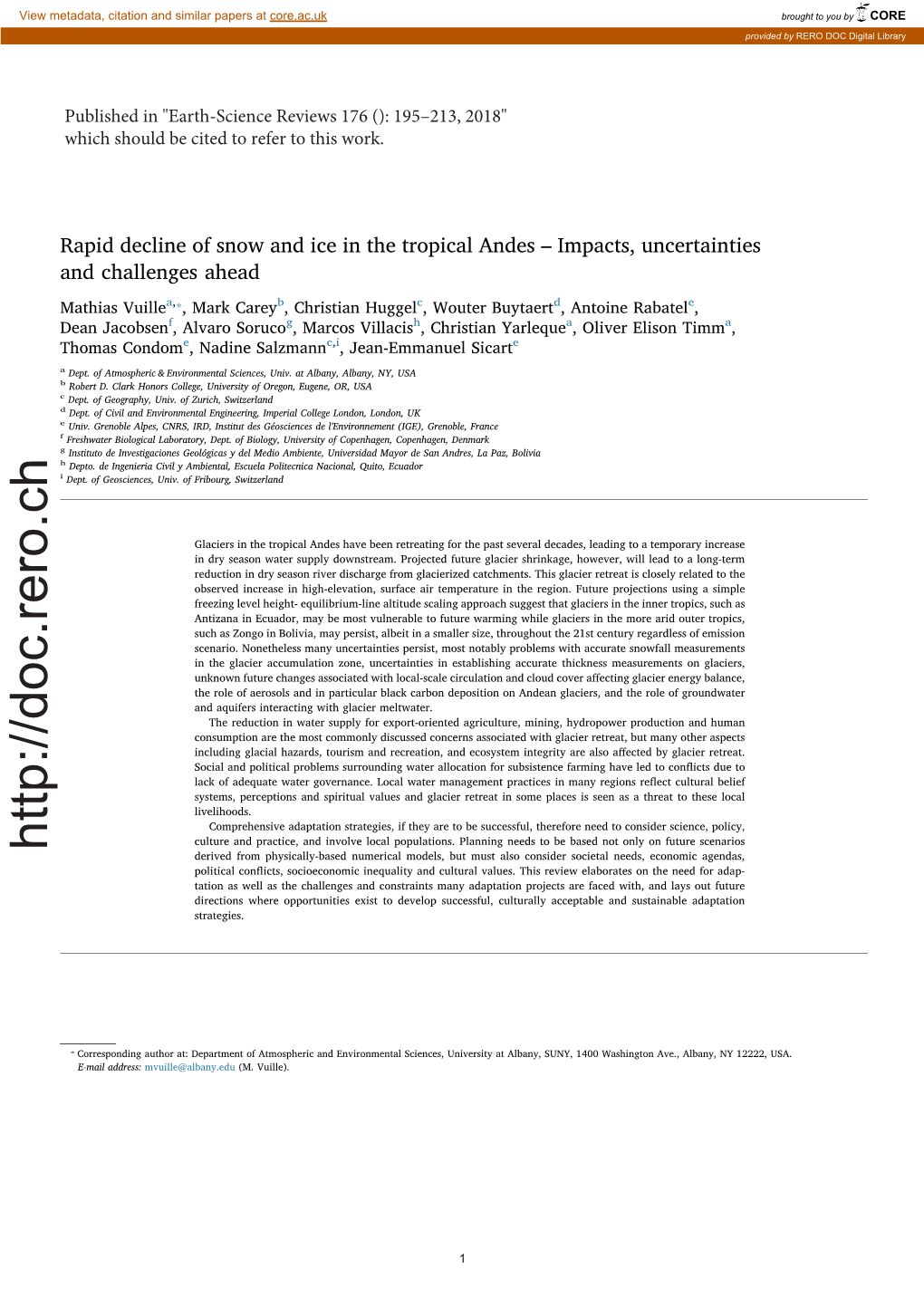 Rapid Decline of Snow and Ice in the Tropical Andes – Impacts, Uncertainties and Challenges Ahead