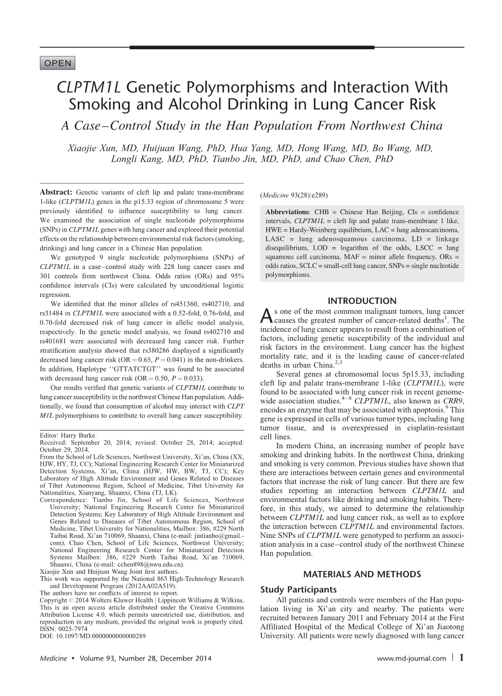 CLPTM1L Genetic Polymorphisms and Interaction with Smoking and Alcohol Drinking in Lung Cancer Risk a Case–Control Study in the Han Population from Northwest China