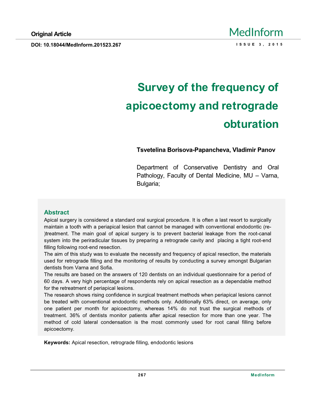 Survey of the Frequency of Apicoectomy and Retrograde Obturation