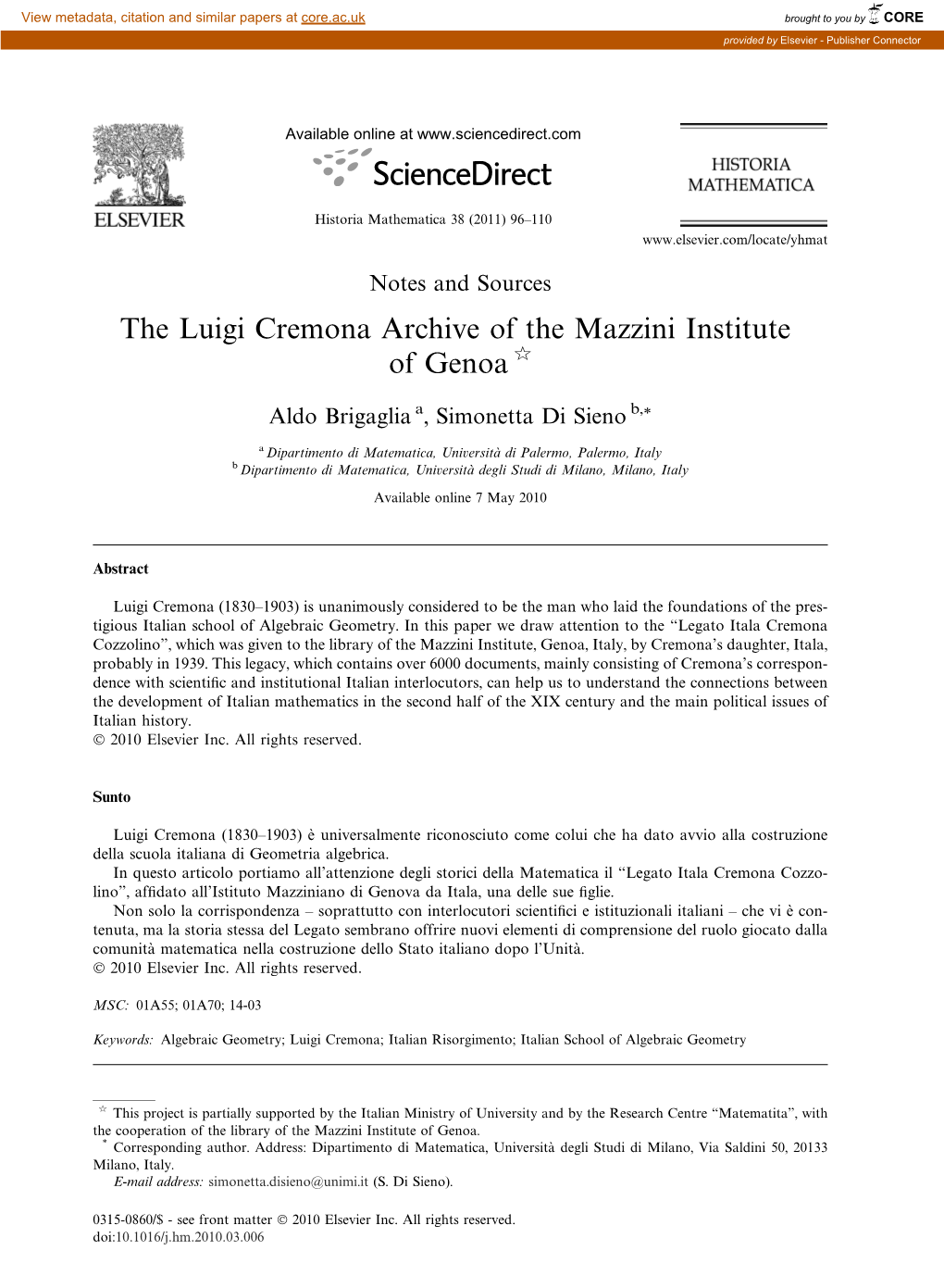 The Luigi Cremona Archive of the Mazzini Institute of Genoa Q