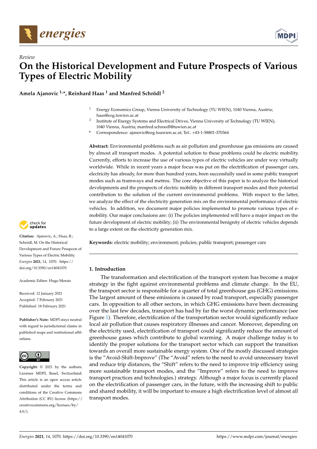 On the Historical Development and Future Prospects of Various Types of Electric Mobility