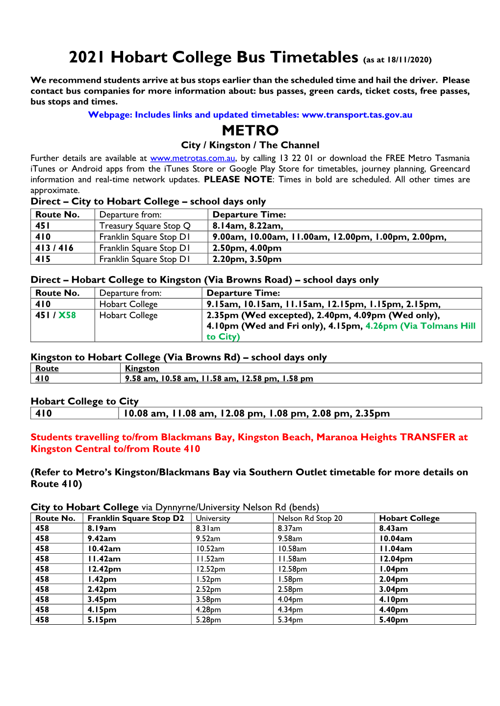 2021 Hobart College Bus Timetables (As at 18/11/2020)