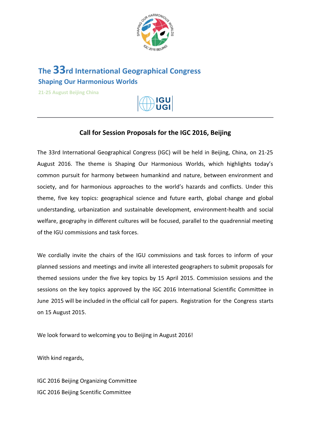 Call for Session Proposals for the IGC 2016, Beijing