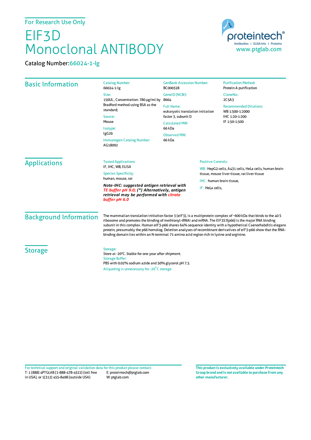 EIF3D Monoclonal ANTIBODY Catalog Number:66024-1-Ig