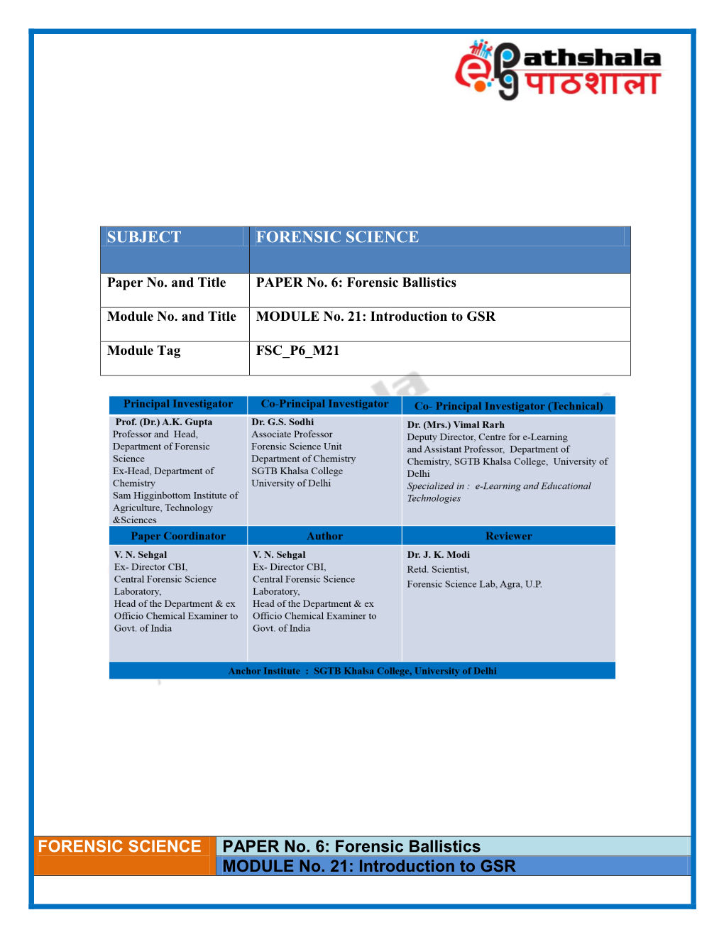 Subject Forensic Science