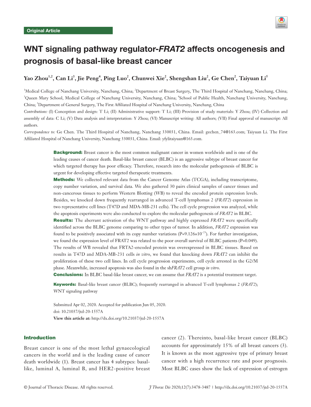 WNT Signaling Pathway Regulator-FRAT2 Affects Oncogenesis and Prognosis of Basal-Like Breast Cancer