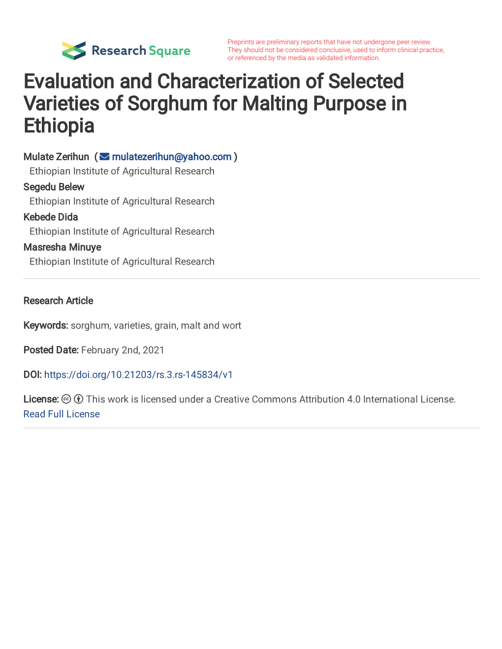 Evaluation and Characterization of Selected Varieties of Sorghum for Malting Purpose in Ethiopia