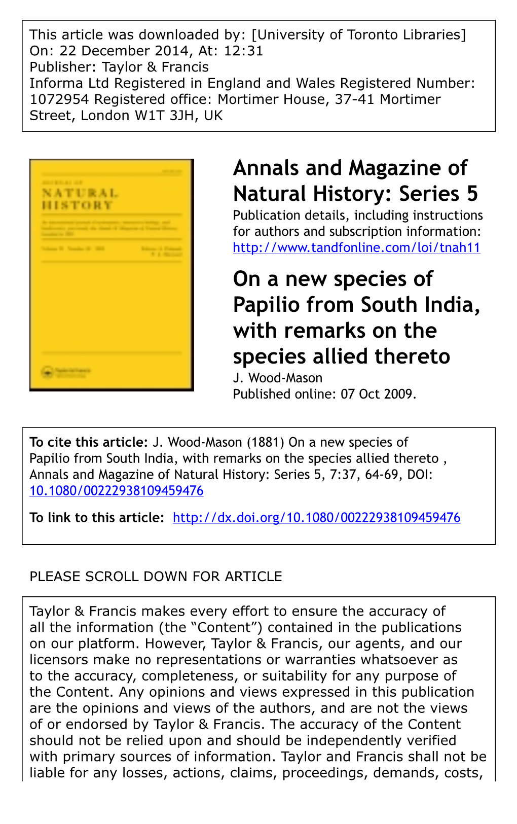 Annals and Magazine of Natural History: Series 5 on a New Species of Papilio from South India, with Remarks on the Species Allie