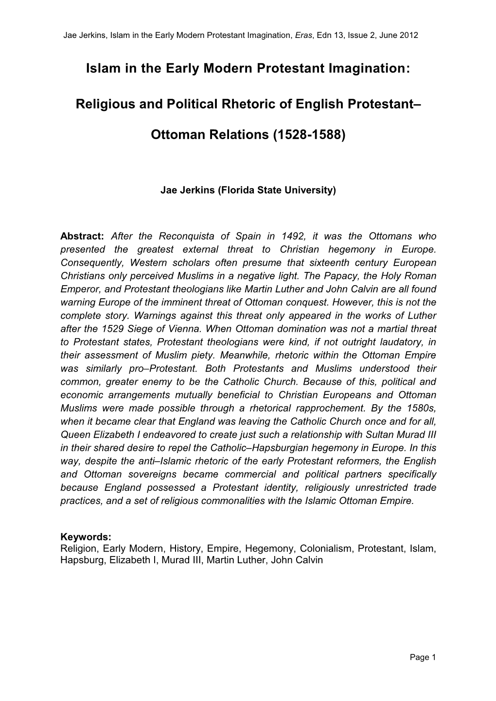 Islam in the Early Modern Protestant Imagination, Eras, Edn 13, Issue 2, June 2012