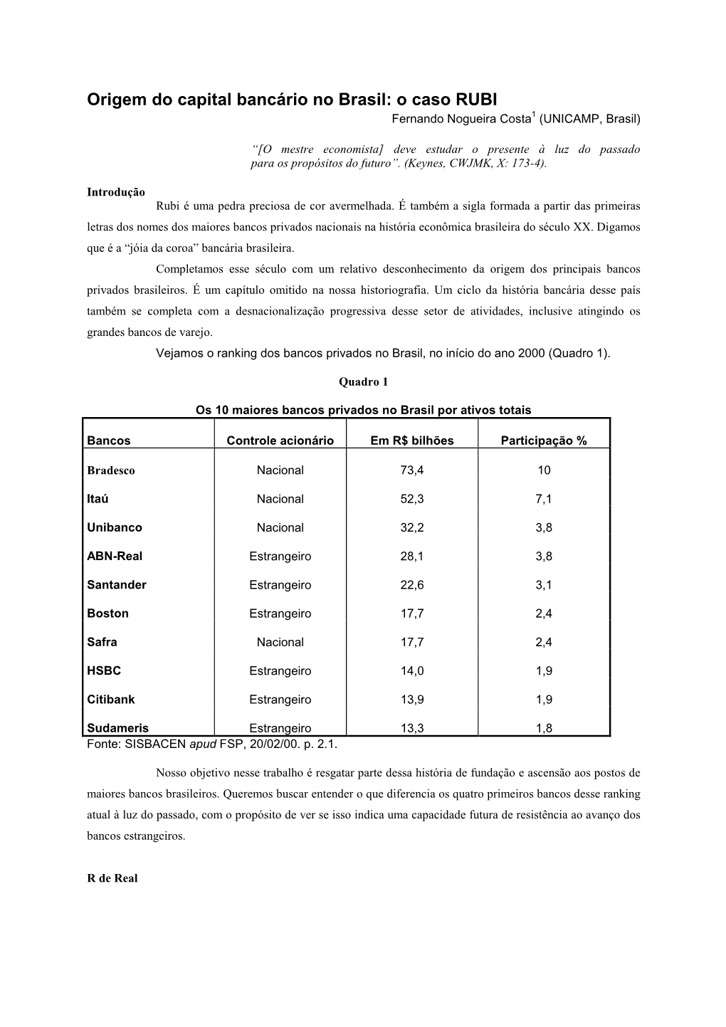 Origem Do Capital Bancário No Brasil: O Caso RUBI Fernando Nogueira Costa 1 (UNICAMP, Brasil)