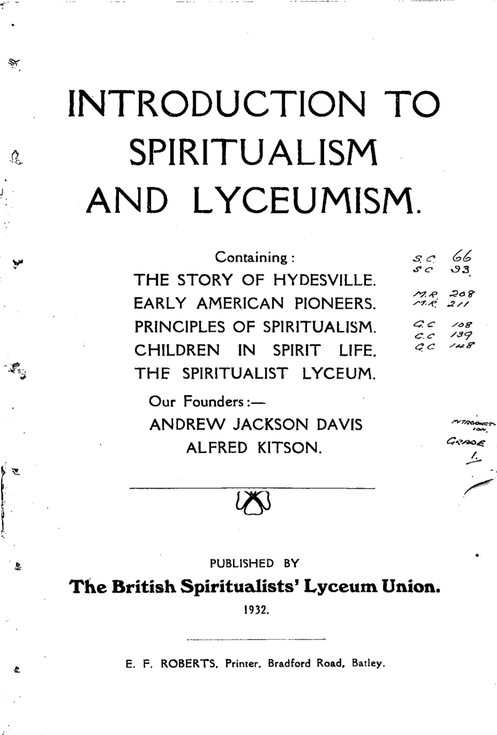 Introduction to Spiritualism and L Yceumism