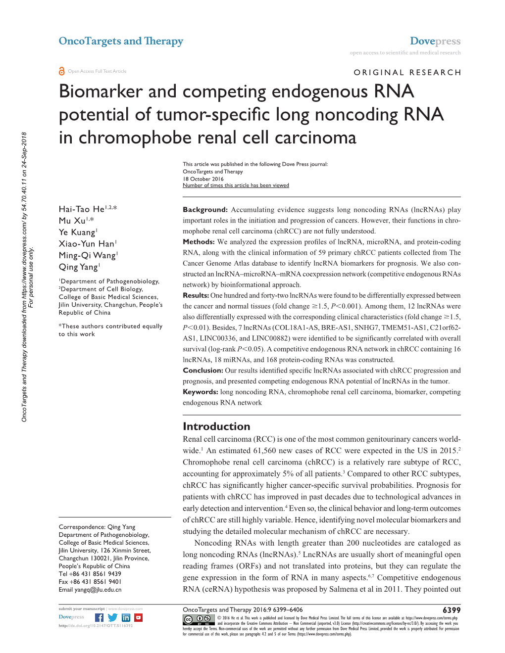 Biomarker and Competing Endogenous RNA Potential of Tumor-Specific Long Noncoding RNA in Chromophobe Renal Cell Carcinoma