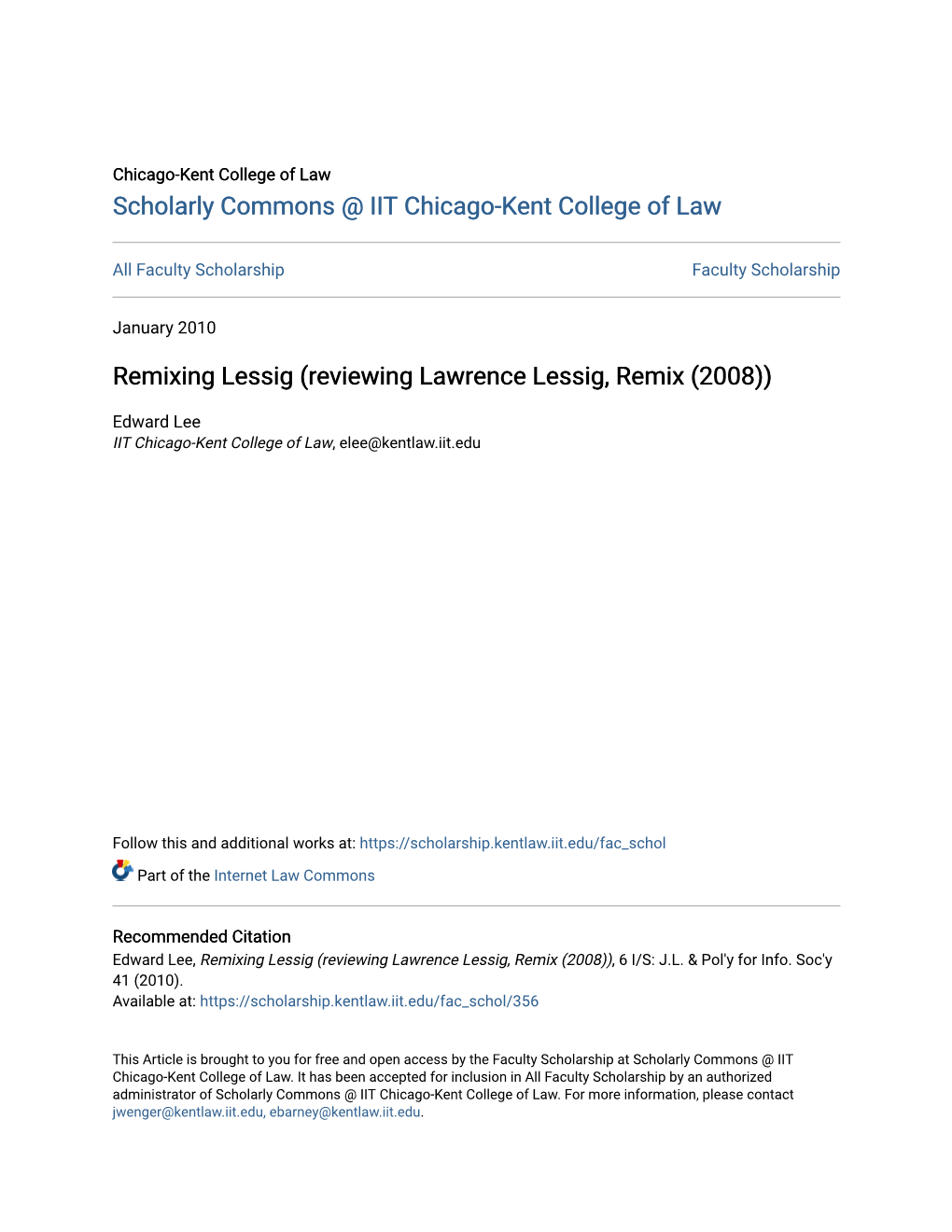 Remixing Lessig (Reviewing Lawrence Lessig, Remix (2008))