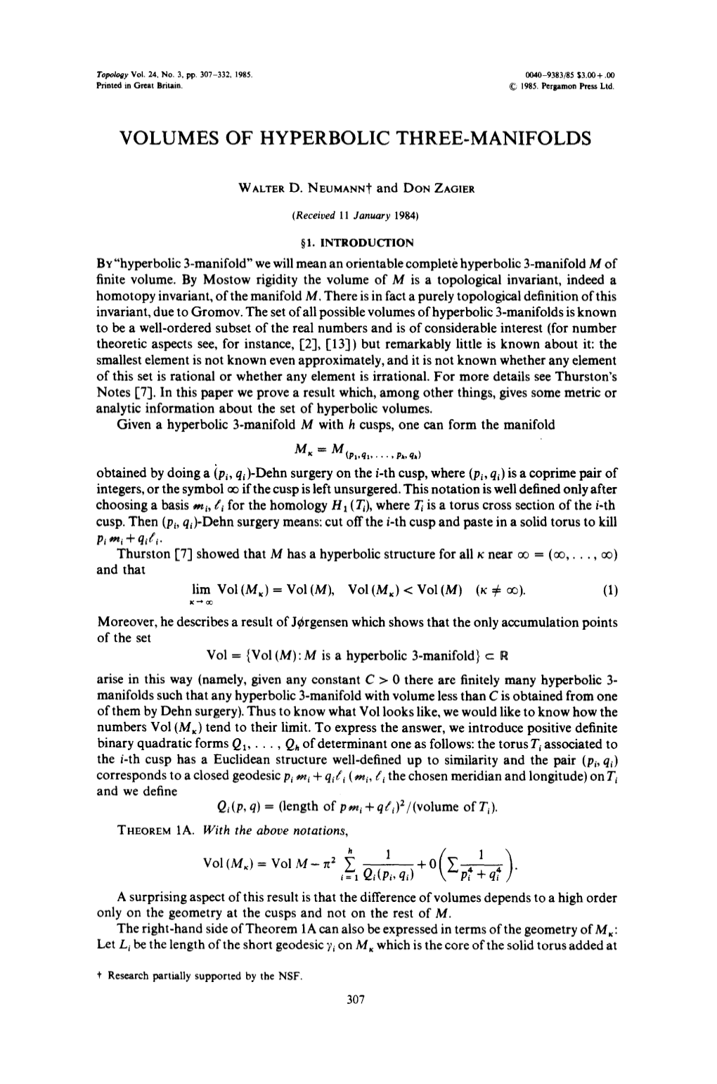 Volumes of Hyperbolic Three-Manifolds