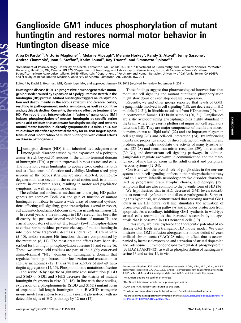 Ganglioside GM1 Induces Phosphorylation of Mutant Huntingtin and Restores Normal Motor Behavior in Huntington Disease Mice
