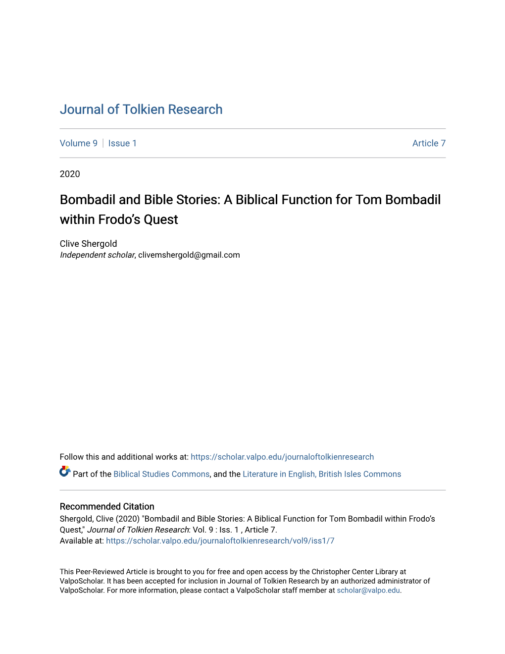 Bombadil and Bible Stories: a Biblical Function for Tom Bombadil Within Frodo’S Quest