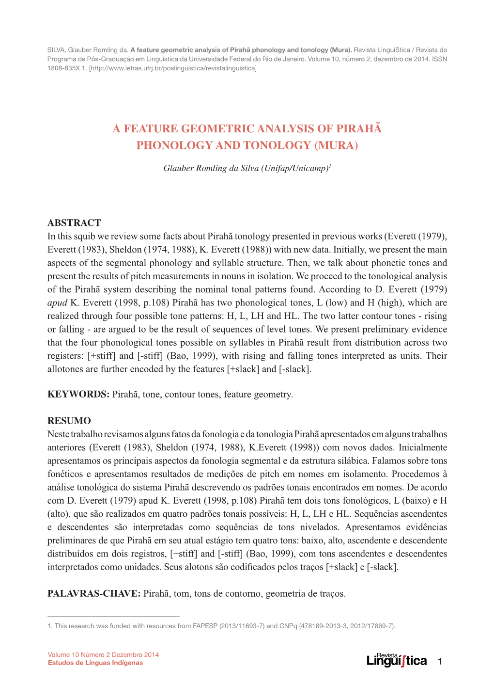 A Feature Geometric Analysis of Pirahã Phonology and Tonology (Mura)