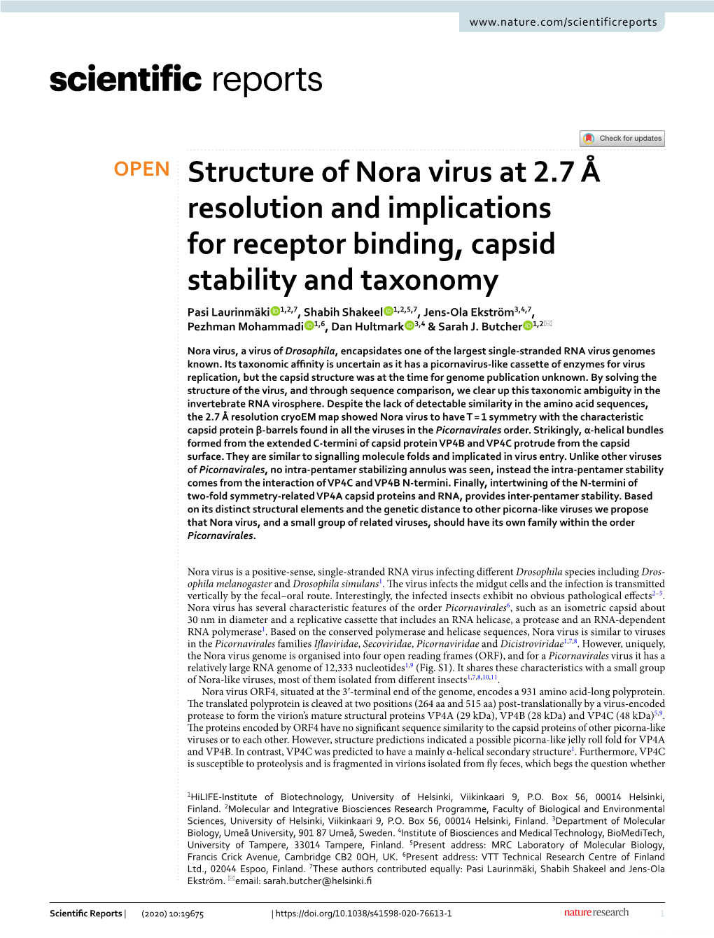 Structure of Nora Virus at 2.7 Å Resolution and Implications For