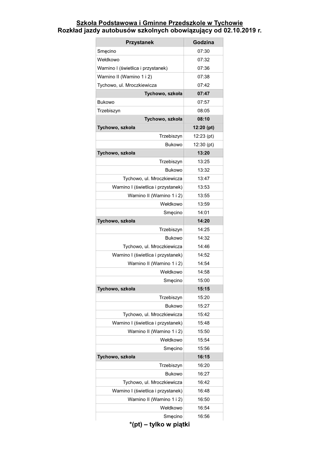 Szkoła Podstawowa I Gminne Przedszkole W Tychowie Rozkład Jazdy Autobusów Szkolnych Obowiązujący Od 02.10.2019 R